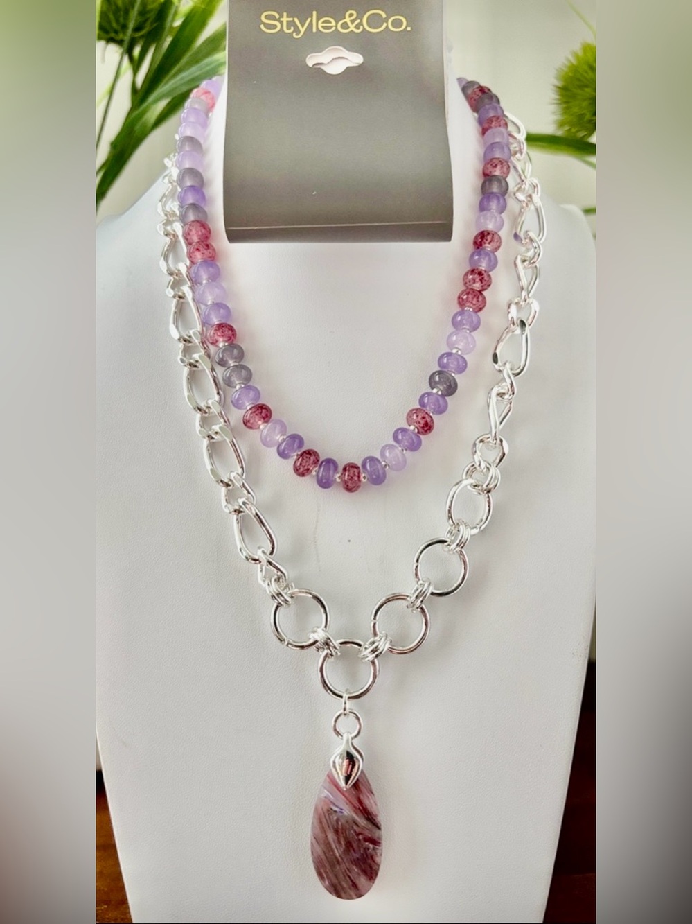 Style and Co.2 layer,silvertone chunky chain,teardrop pendant,purple/pink stones